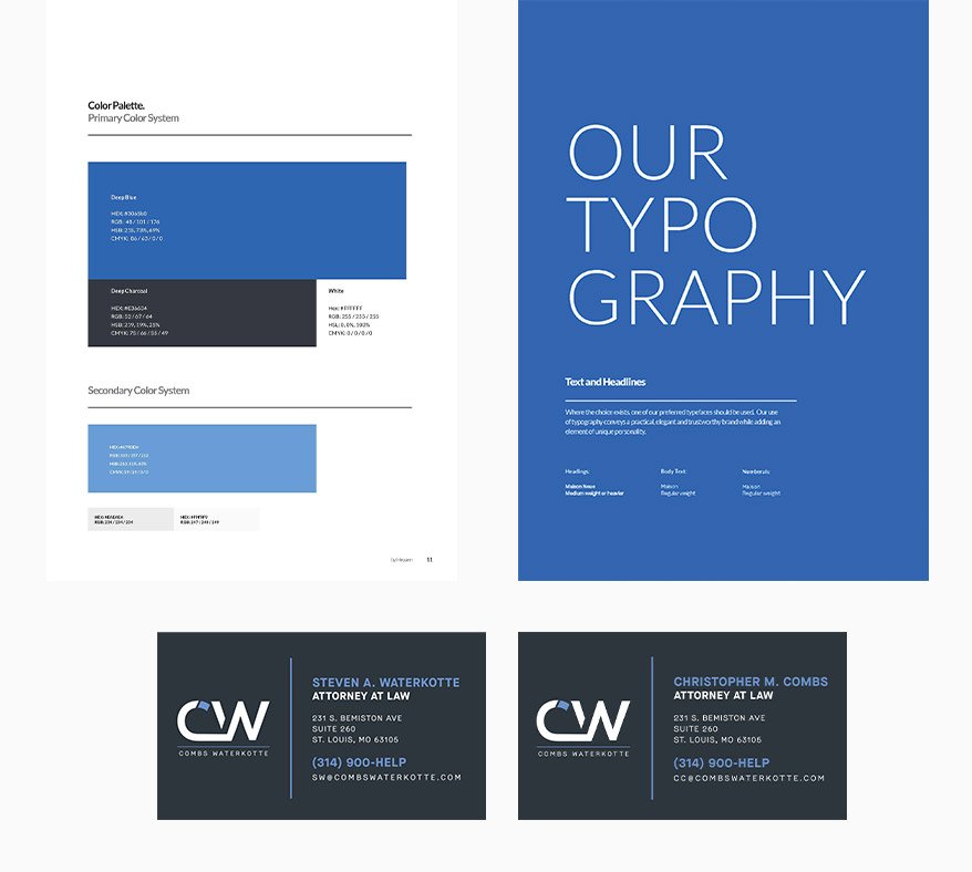 Combs Waterkotte brand guidelines showing typography, colors, and business cards