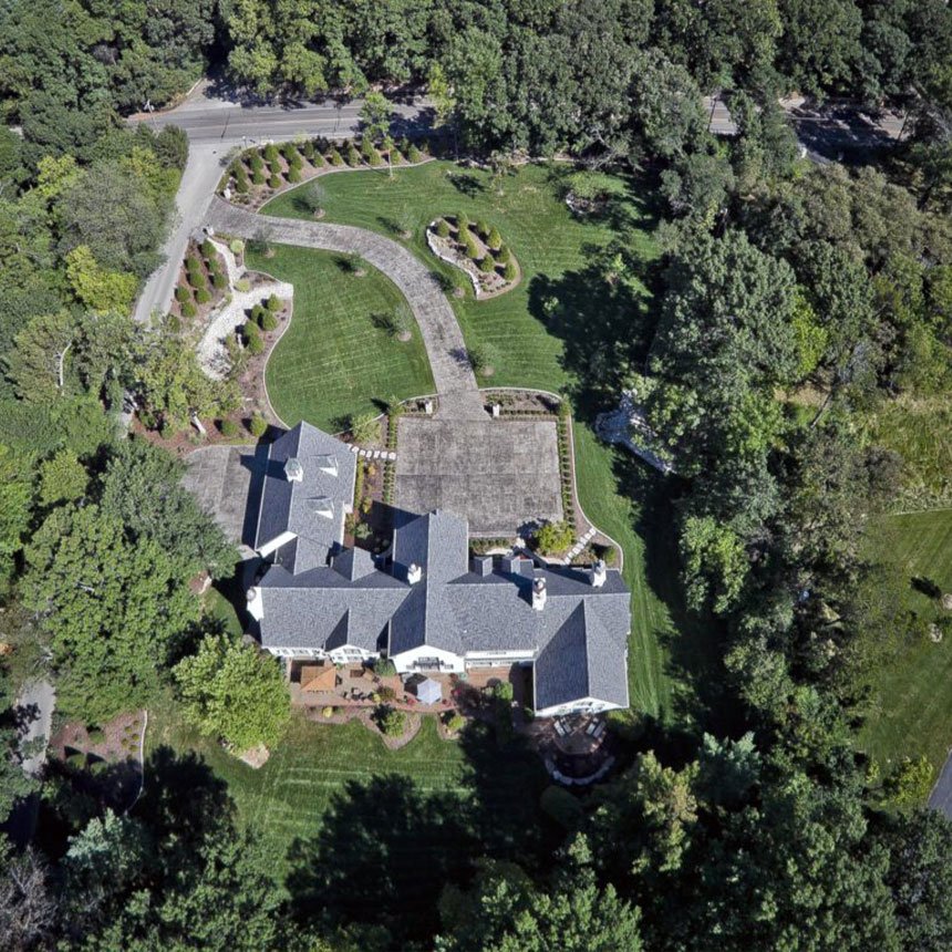 Aerial photograph of a landscaped residential property from the Poynter Landscape case study